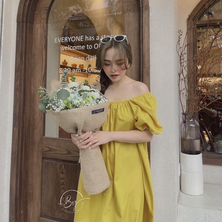 Váy trễ vai dáng maxi chất thô mềm thoáng mát đầm trễ vai 4 màu sang chảnh V1468