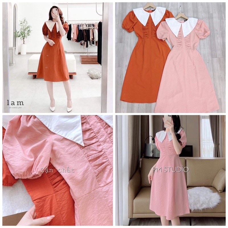 VÁY ĐŨI HỒNG CAM ĐẤT CỔ TRẮNG XẾP LY NGỰC