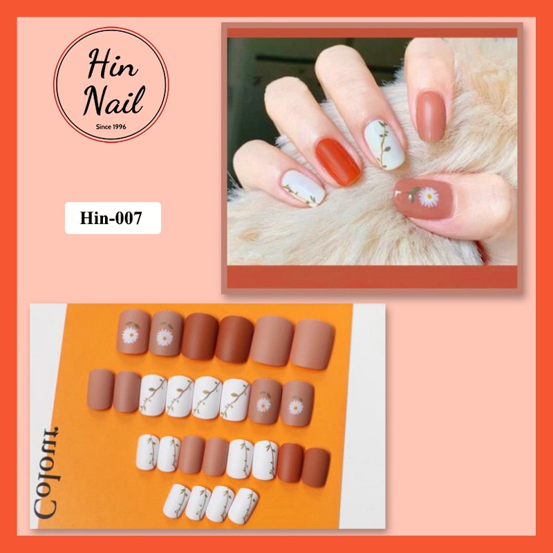 Set 24 móng tay giả ngắn kèm keo Hin Nail móng giả sơn nhám cao cấp họa tiết hoa cá tính