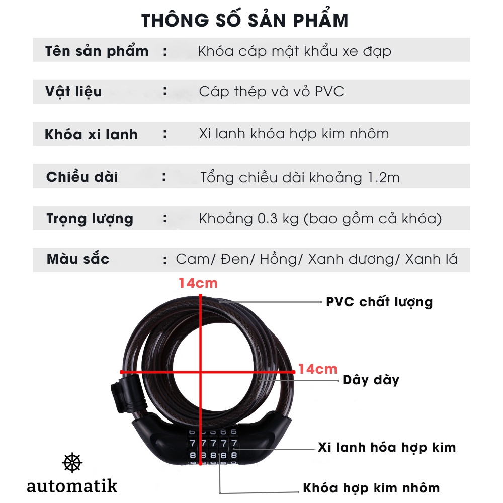 Khóa Xe Đạp, Khóa Dây 5 Số Xe Máy Chống Trộm Thông Minh - Automatik