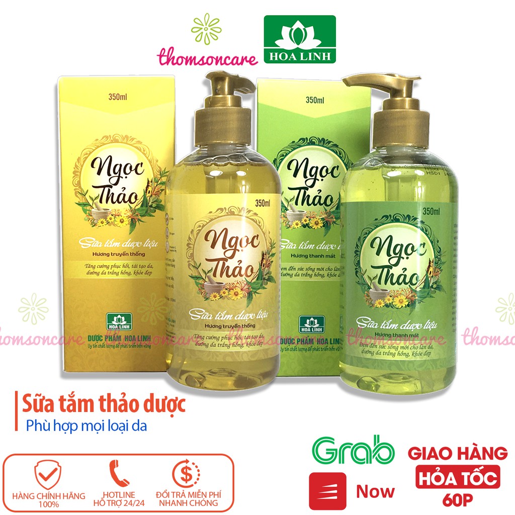 Sữa tắm thảo dược Ngọc Thảo 350ml - Chai có vòi của dược Hoa Linh, từ vitamin E, chè xanh, lô hội và dược liệu