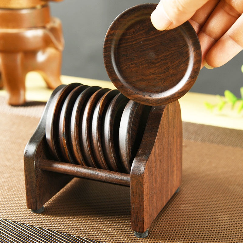 ❀⋮ Lót Cốc Trà Khay Trà Kungfu Trà Đạo Bộ Đồ Trà Quân Tử 6 Phụ Kiện Khay Trà Giá Cốc Gỗ Mun Cách Nhiệt Gỗ Thật