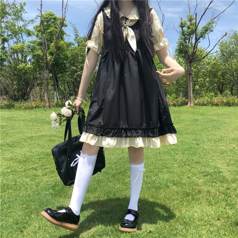 Đầm Lolita Hai Lớp Eo Cao Cổ Búp Bê Đính Nơ Ngọt Ngào Phong Cách Nhật Bản Dành Cho Nữ