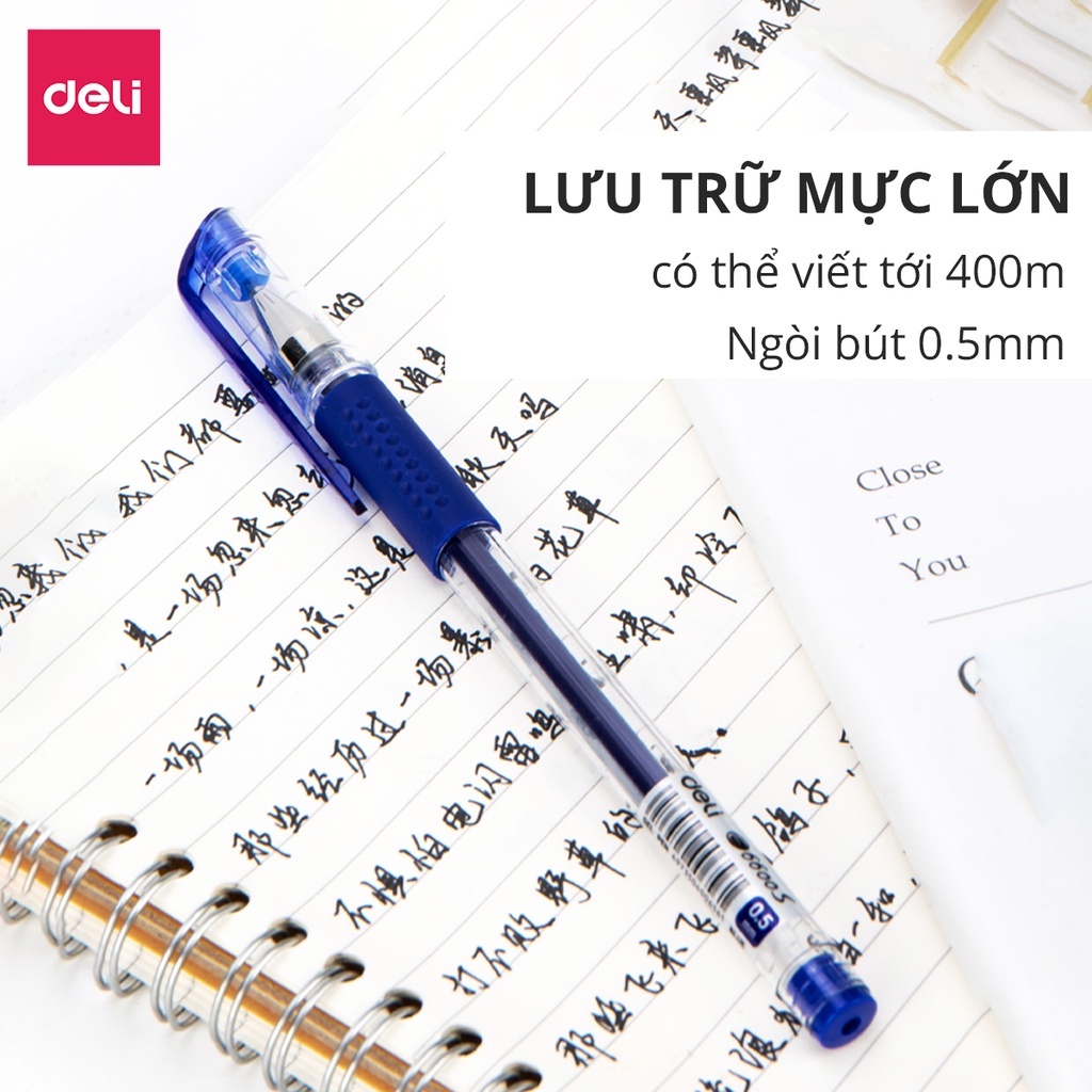 Bút bi nước mực gel nắp đậy 0.5mm Deli màu xanh/đen nhanh khô lâu hết mực nét viết trơn tru đều đẹp