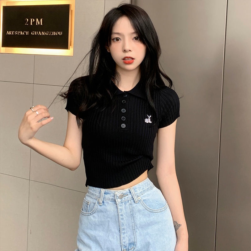 Áo Thun Tay Ngắn Dáng Ôm Thêu Họa Tiết Dễ Thương Phong Cách Hồng Kông