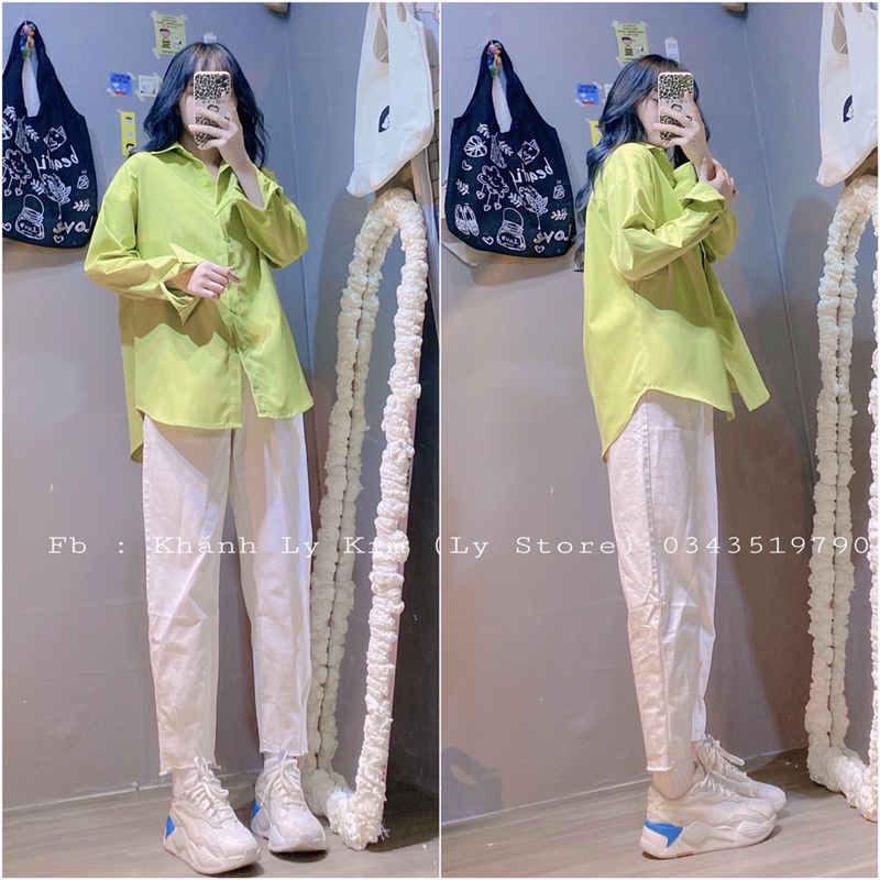 (Hình shop chụp) Sơmi xanh cốm hot trend , quần kaki jean trắng form baggy lưng cao | BigBuy360 - bigbuy360.vn
