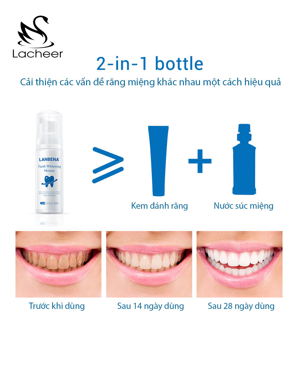 LANBENA Bọt làm trắng răng khử mùi hôi miệng kem đánh răng làm sạch răng tẩy vết ố teeth whitening mousse 60ml