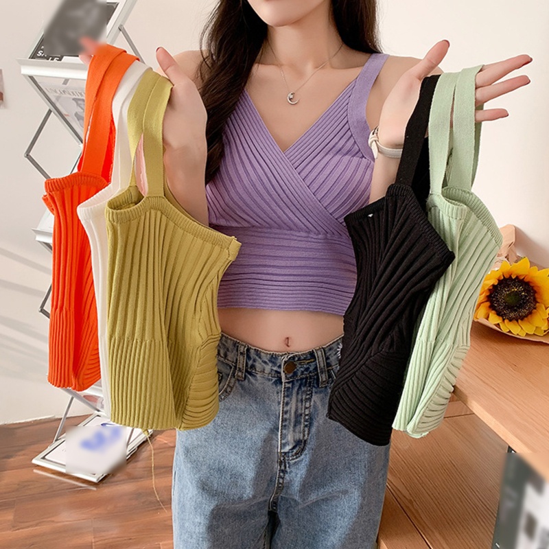 Áo Croptop Dệt Kim Không Tay Cổ Chữ V Sâu Màu Trơn Họa Tiết Kẻ Sọc Màu Sắc Thời Trang Cho Nữ