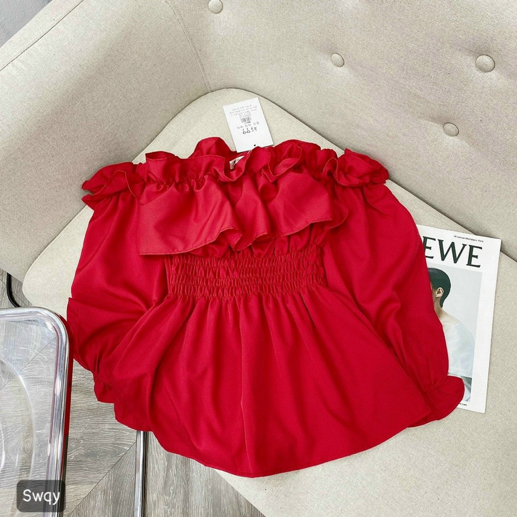 Áo Voan Kiểu Mới Trễ Vai Tay Dài Bánh Bèo Phối Nhún Trước Bụng Xinh Xắn  TTSLA0842