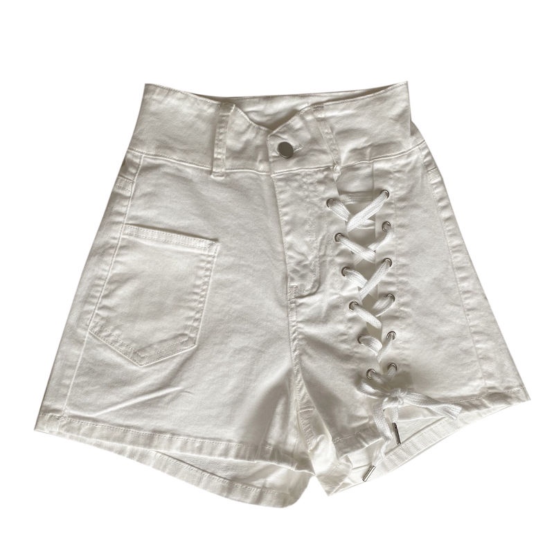 Quần Short Jean Lưng Cao Ống Rộng Có Dây Rút Theo Phong Cách Hàn Quốc Hàng Mới