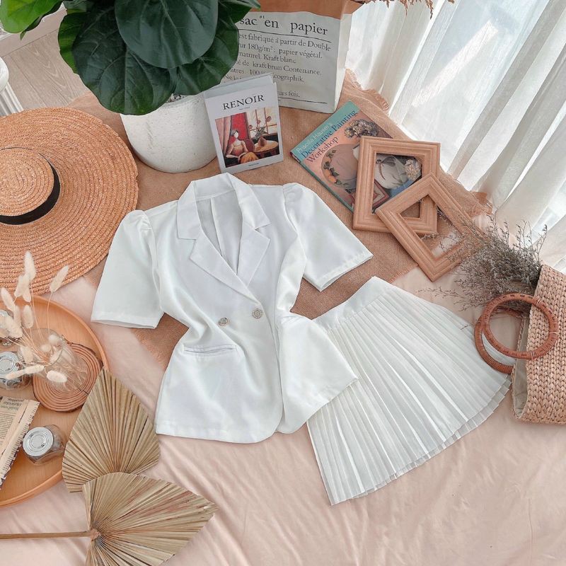 set vest tay ngắn + chân váy dập ly