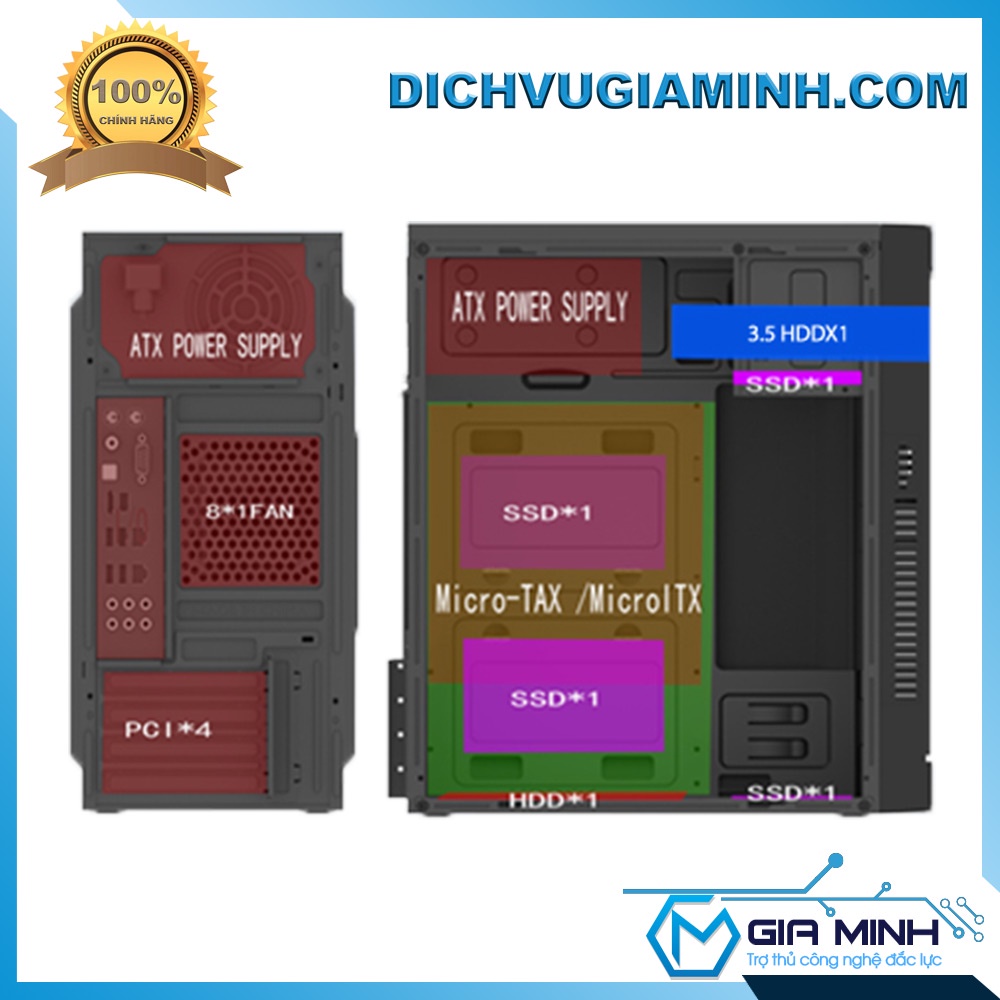 Vỏ thùng máy tính Văn Phòng VSP 2882 2880 kèm quạt Rainbow RGB hỗ trợ Mainboard micro ATX