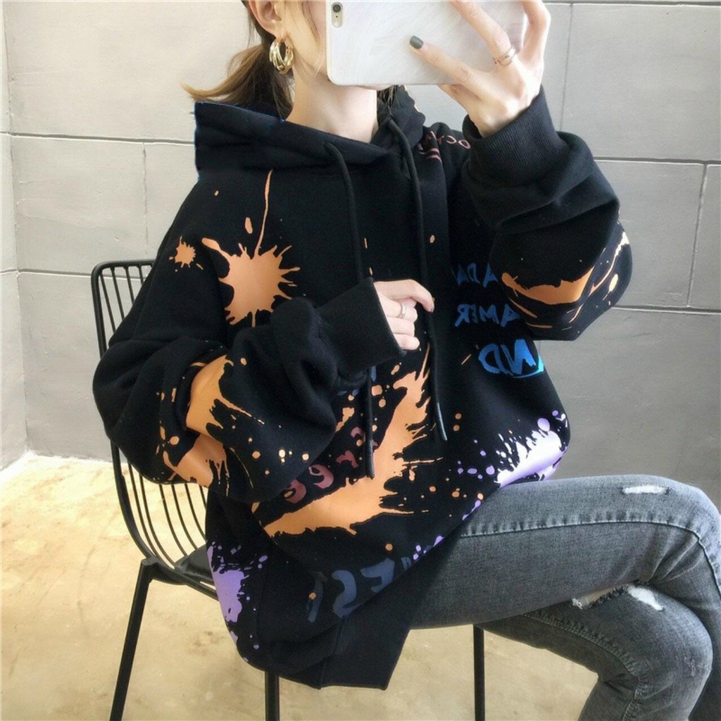 Áo hoodie nam nữ form rộng thời trang họa tiết vẩy sơn phối chữ mới phong cách đường phố