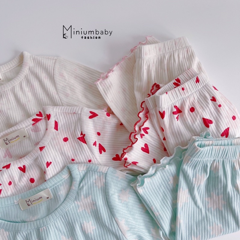 Bộ cotton gân viền bèo Minium vải mềm mát cho bé gái