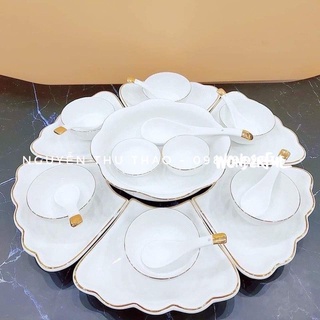 Bộ bát đĩa hoa mặt trời sứ Bát Tràng, viền vàng, đường kính 45cm,15 món y hình