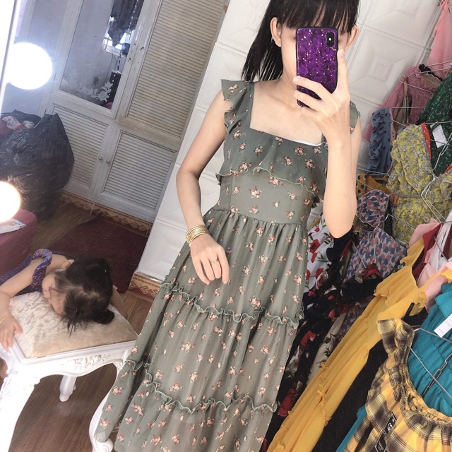 Đầm maxi hoa xanh