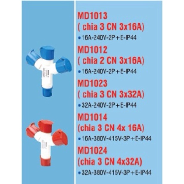 Ổ cắm công nghiệp 3 chấu chia 2, 3