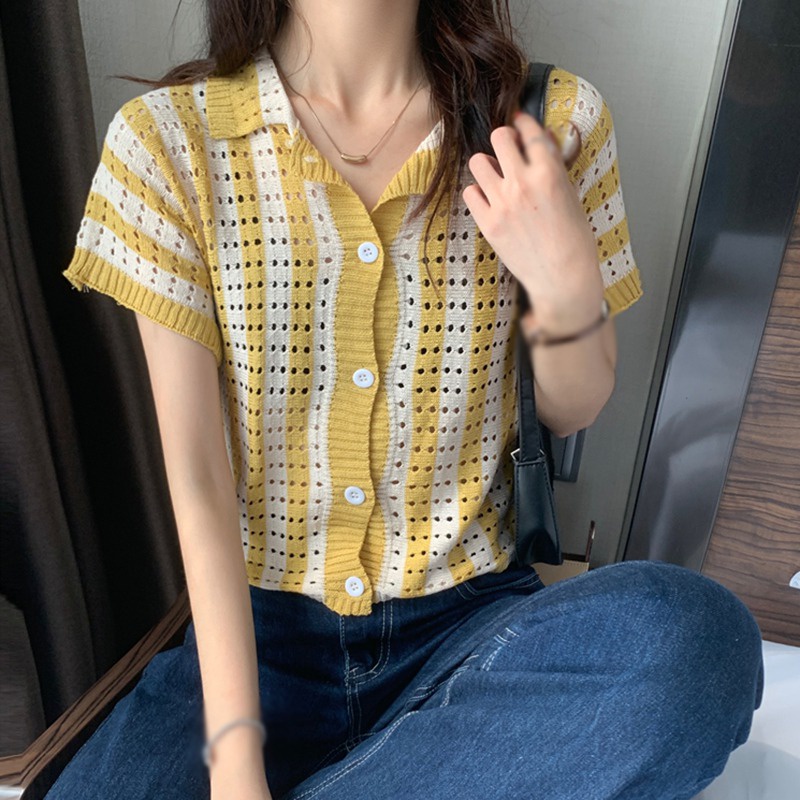 Áo Thun Dệt Kim Ngắn Tay Họa Tiết Kẻ Sọc Thời Trang Mùa Hè Cho Nữ