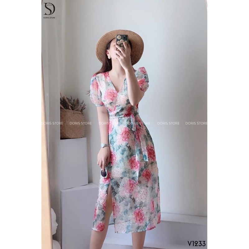 VÁY HOA TƠ HỒNG XANH CỔ V ĐAI EO CHO NỮ | BigBuy360 - bigbuy360.vn