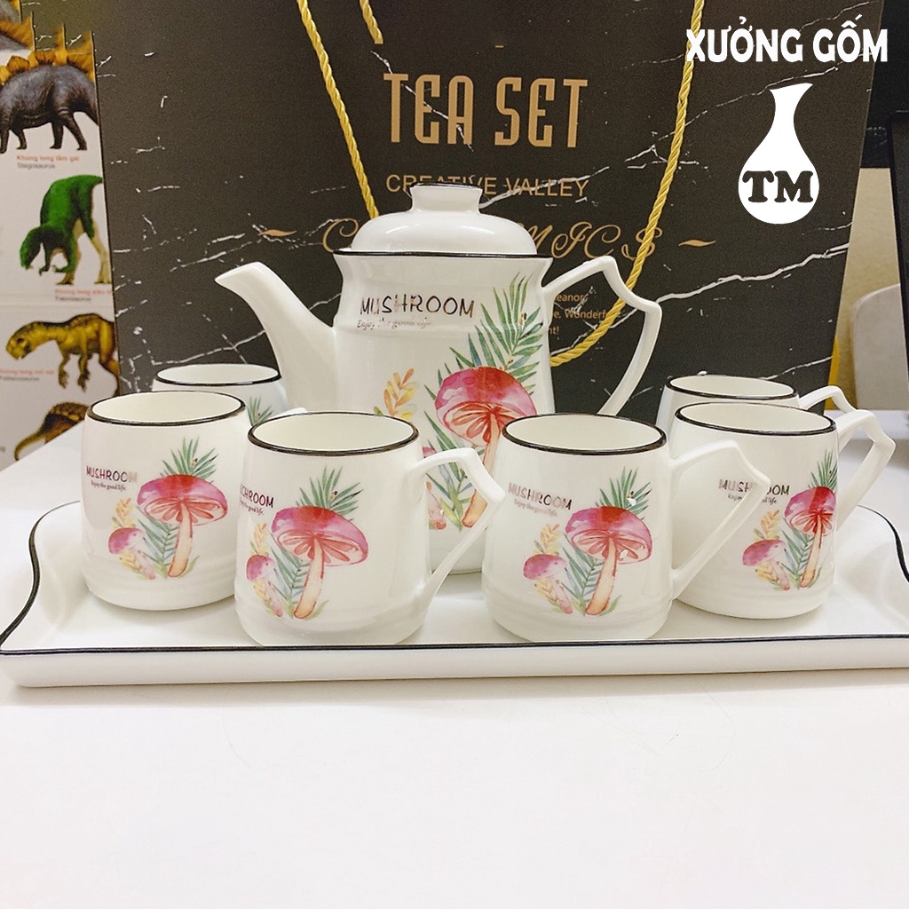 Bộ Bình Ca Đựng Nước Khay Sứ Pha Trà Cafe Họa Tiết Nấm Đỏ Lá Kim Xưởng Gốm TM Bát Tràng