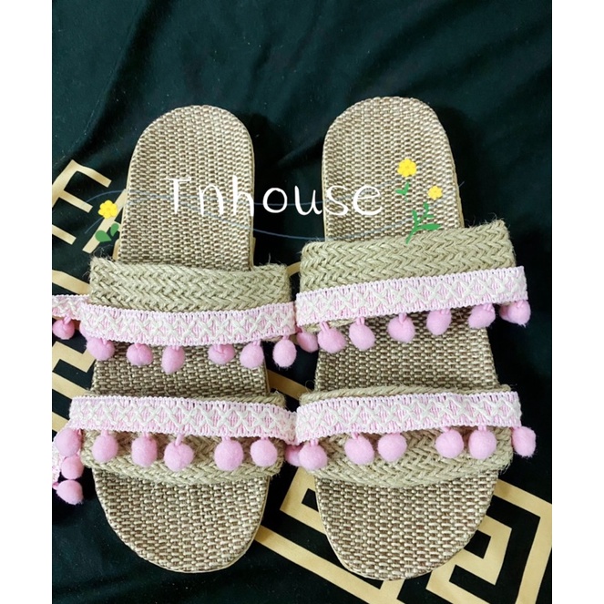 Dép cói 2 quai phối dây thổ cẩm hồng pastel