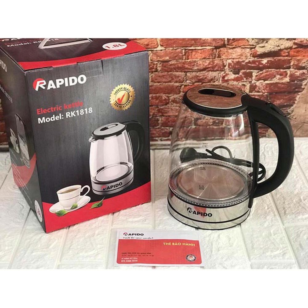 Ấm siêu tốc thuỷ tinh Rapido 1800ml RK1818 Hàng chính hãng, bảo hành 12 tháng