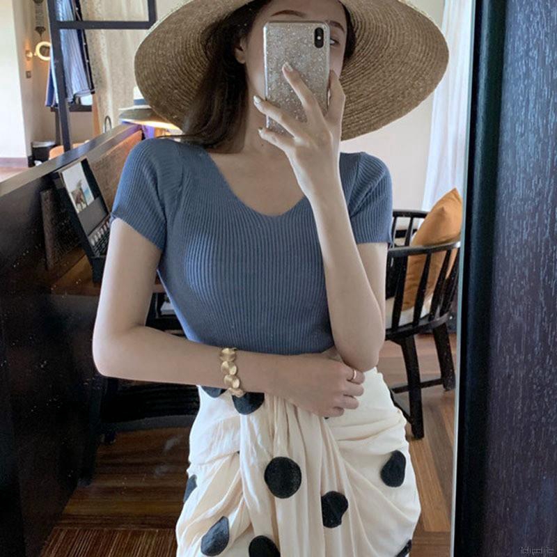 Áo thun len tay ngắn cổ chữ V màu trơn