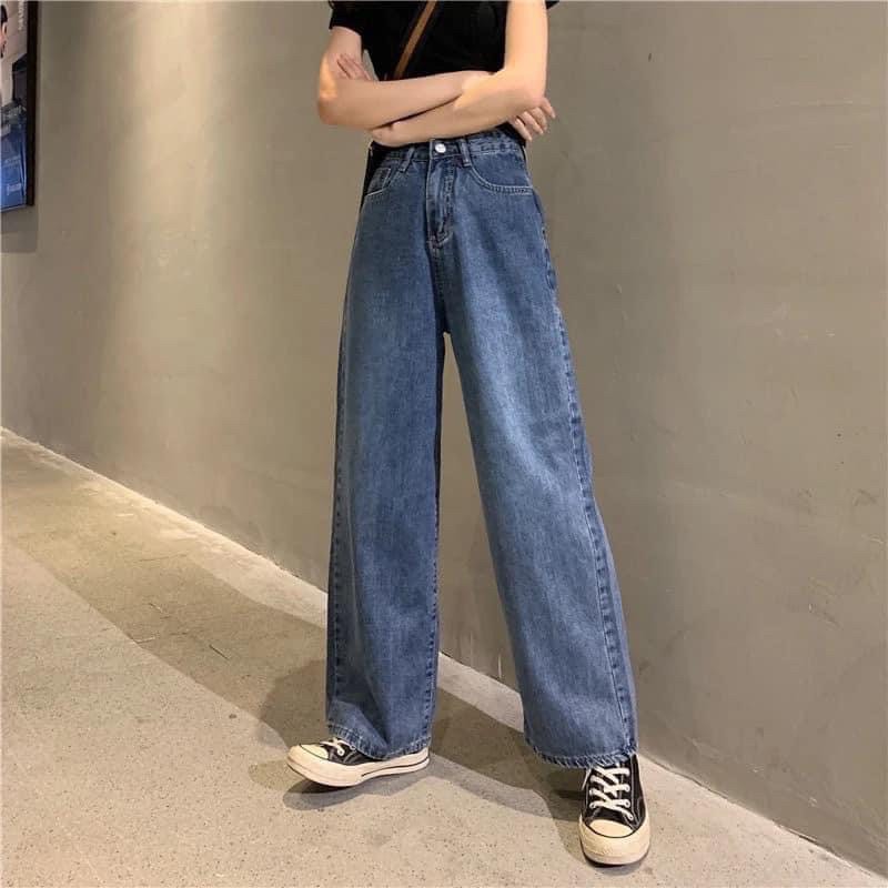 Quần jean nữ ống suông phom rộng cạp cao lưng cao xanh đậm tiểu thư phong cách Ulzzang Hàn Quốc đủ size loại đẹp | BigBuy360 - bigbuy360.vn
