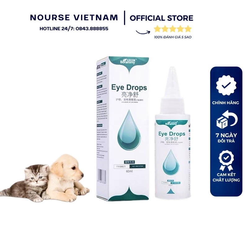 Dung dịch nhỏ mắt làm sạch mắt, hỗ trợ chữa viêm mắt cho chó mèo Borammy (60ml)