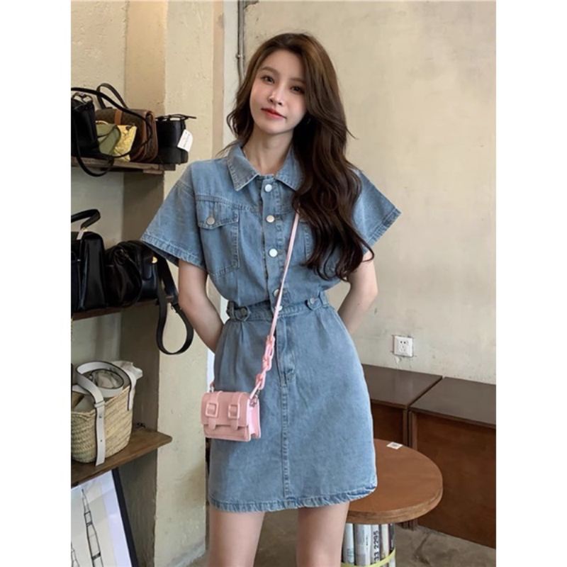 Váy bò liền thân jeans cộc tay có cổ ( ảnh thật)