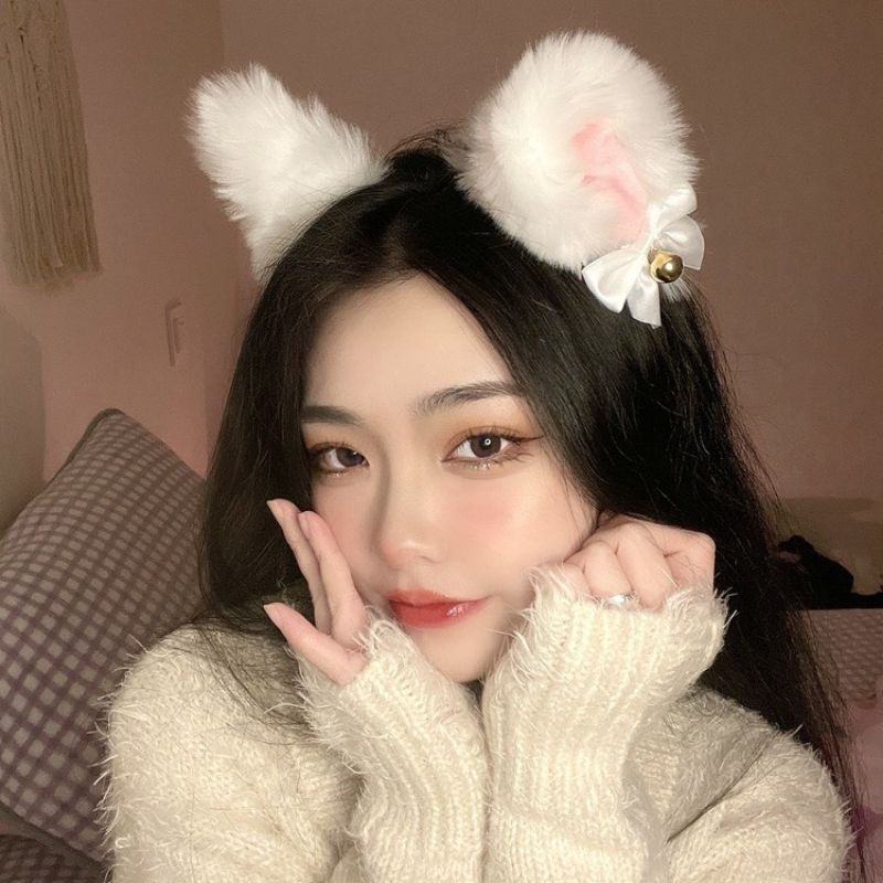 Băng đô cài tóc tai mèo lông mịn đính nơ chuông phong cách nhật bản