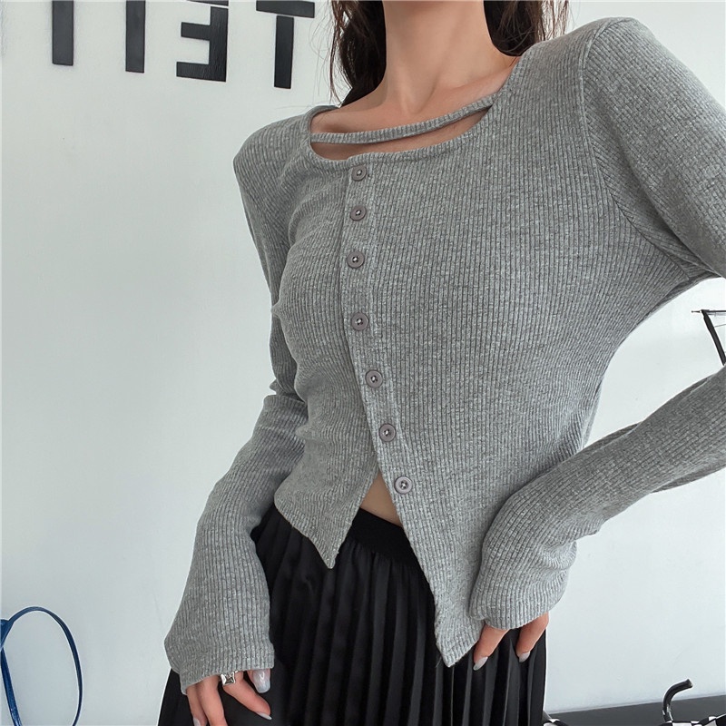 ZHELIHANGFEI Áo Len Tay Dài Lưng Cao Kiểu Dáng Sexy Hợp Thời Trang