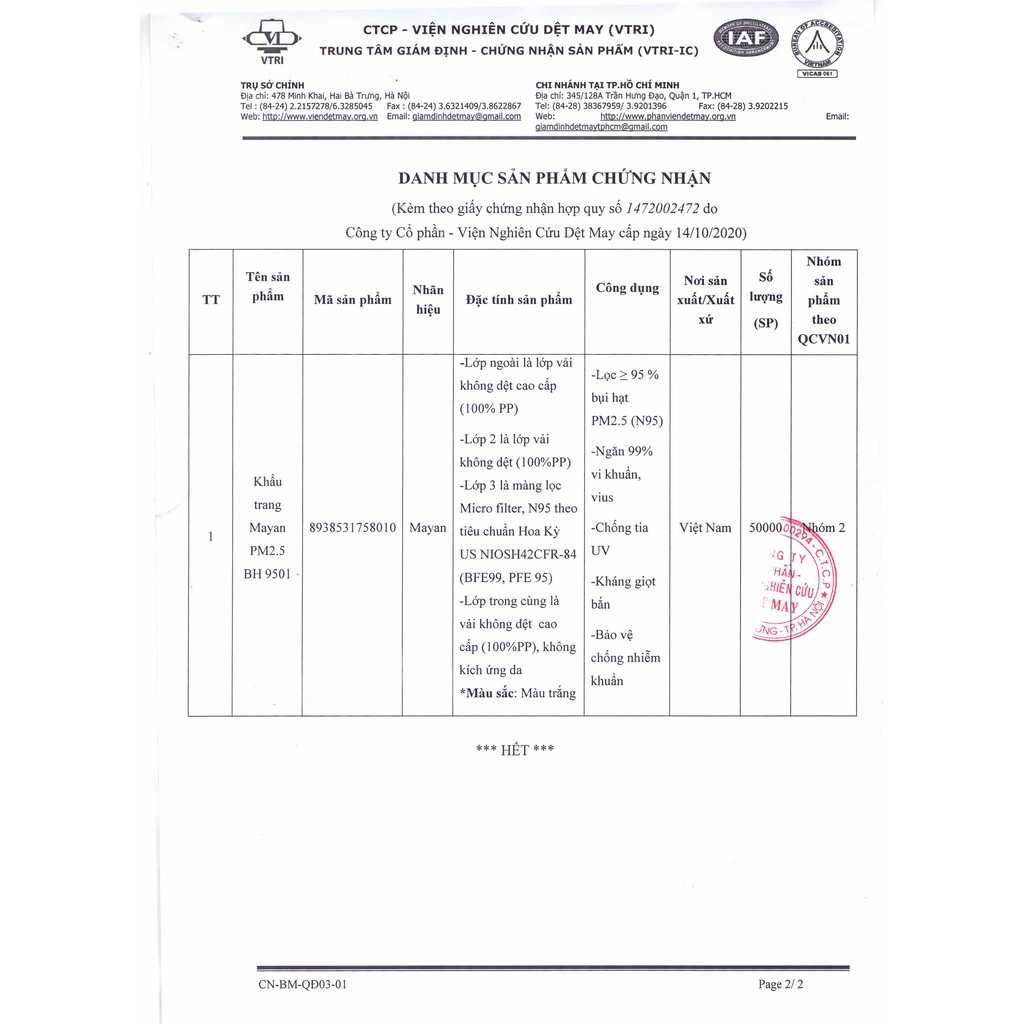 Gói 2 Miếng Khẩu Trang Mayan N95 PM2.5 BH9501 Ngăn Vi Khuẩn 99%, Lọc Bụi 95%