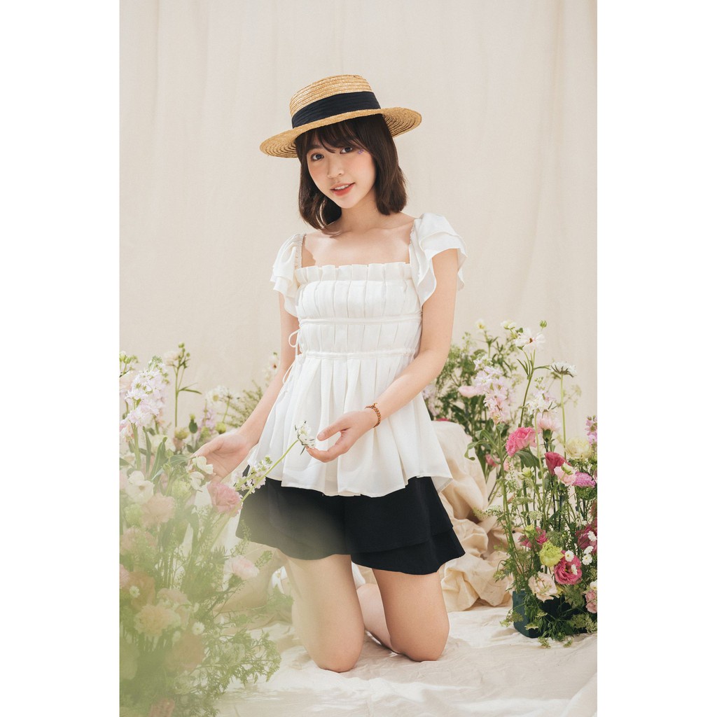 TUBYCATU | Áo rút dây bèo xếp trắng