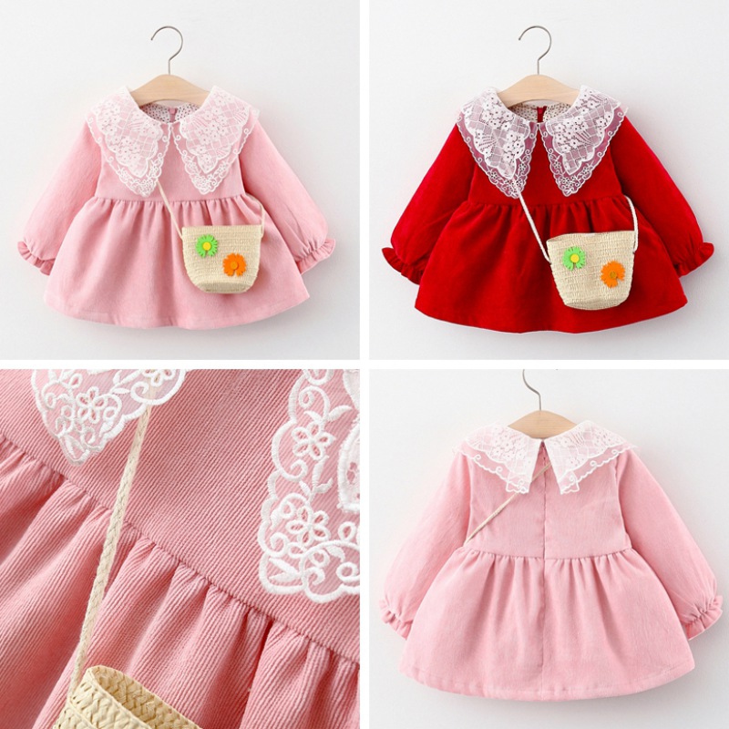 KIDBLUE Korean A Girl's Long-sleeved Lace Dress With A Bag