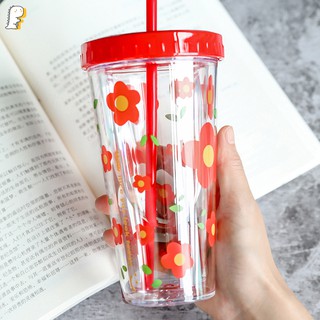 [Hàng có sẵn] Cốc 2 lớp hình hoa kèm ống hút
