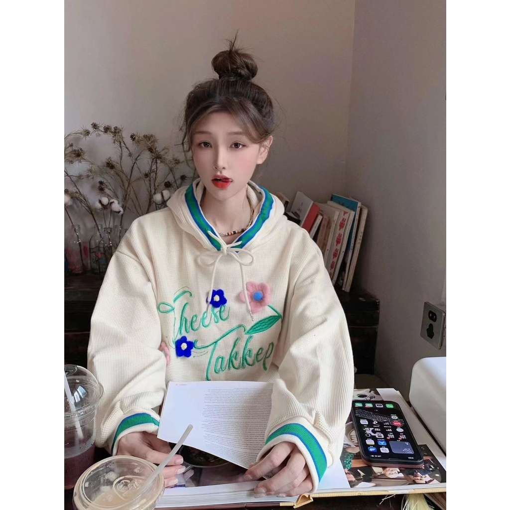 Áo hoodie dáng rộng thêu họa tiết thời trang phong cách cá tính