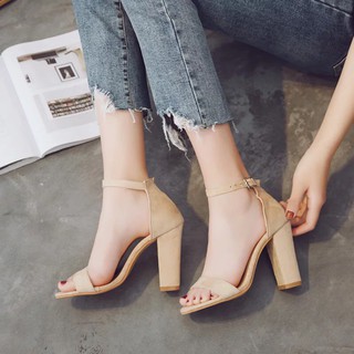 Giày sandal cao gót trụ 6 phân quai ngang da lộn dáng Basic (Sales giá sốc)