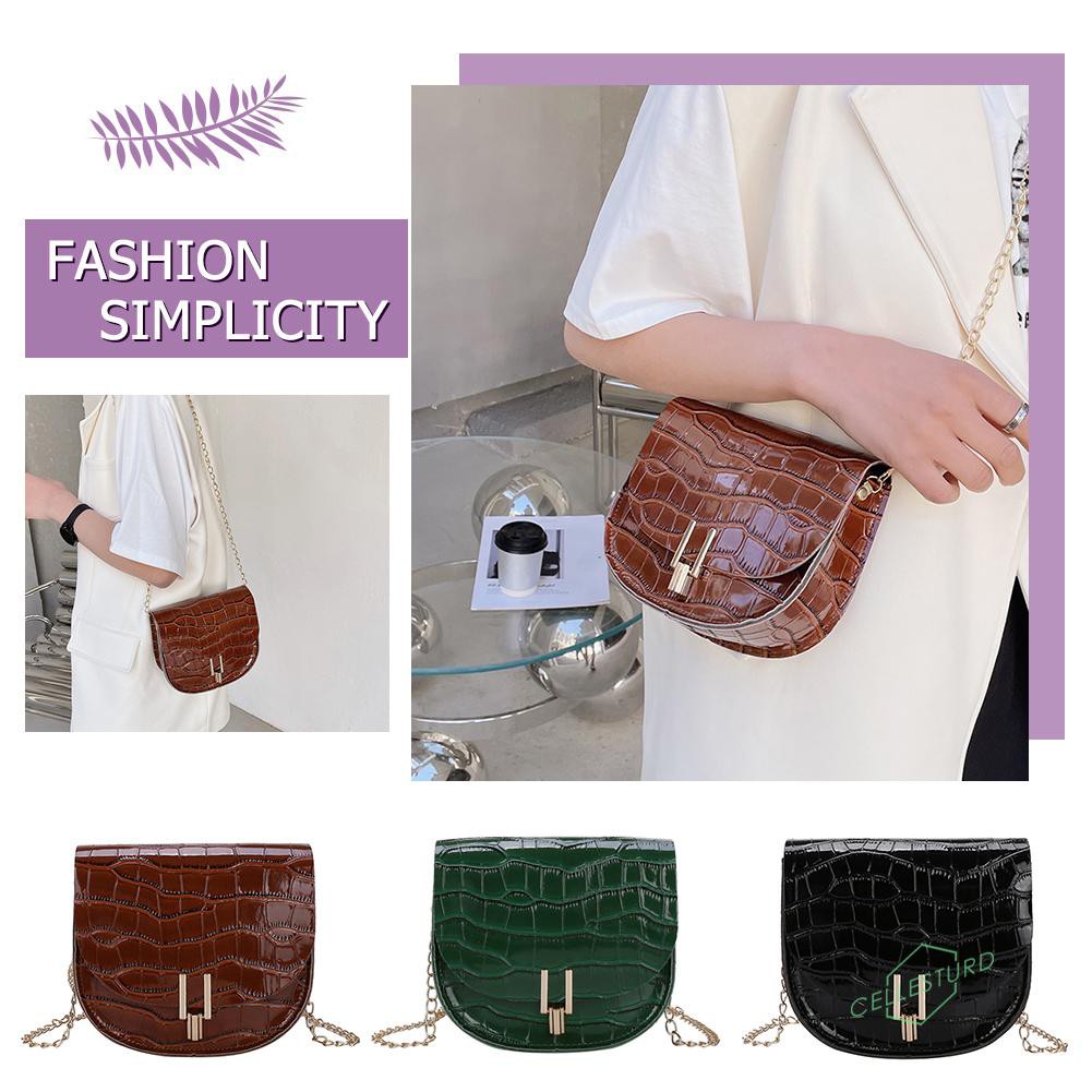 「CS」 Fashion Women Stone Pattern PU Crossbody Bag Casual Chain Mini Saddle Purse