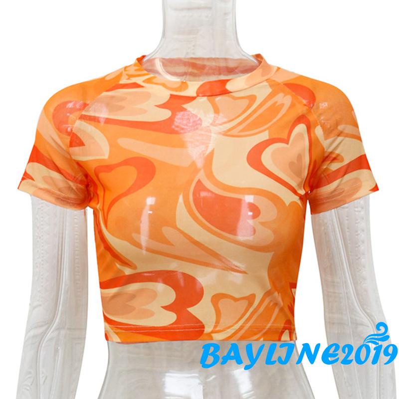 Áo Croptop Ngắn Tay Cổ Tròn In Họa Tiết Trái Tim Xinh Xắn Theo Phong Cách Xuân Hè Dành Cho Nữ