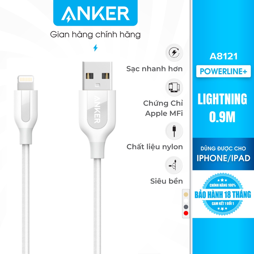 Cáp sạc ANKER PowerLine+ Lightning Dài 0.9m [không kèm túi da] - A8121H
