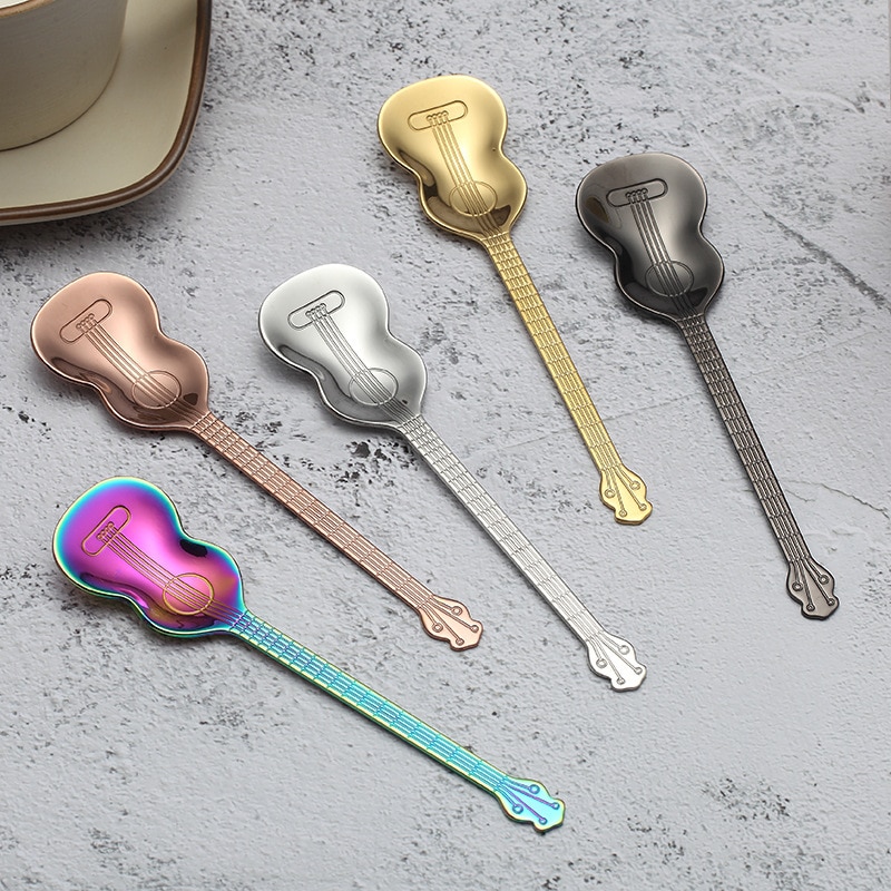 4 cái Thép không gỉ Phim hoạt hình Guitar Muỗng Khuấy Thanh mạ titan Sữa Cà phê Món tráng miệng Kẹo Teaspoon Phụ kiện Bộ muỗng