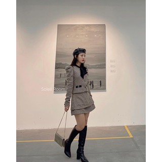 Set dạ tweed cao cấp nơ buộc kẻ sọc nâu 2 lớp dày GINA SET