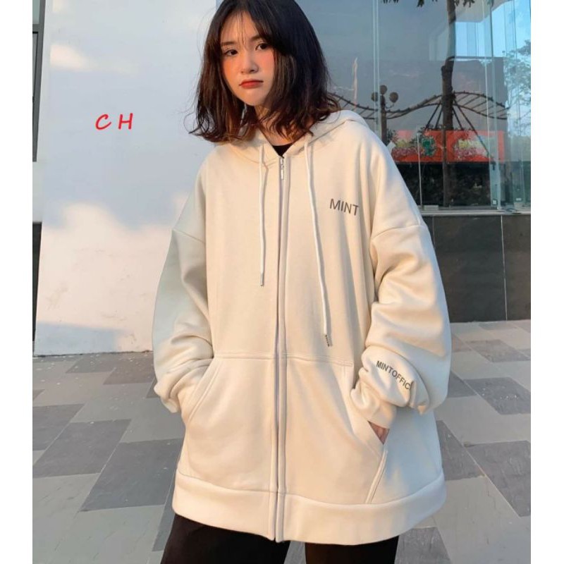 Áo khoác Hoodie nỉ cotto  mũ khóa Mint phản quang form thụng nam nữ unisex