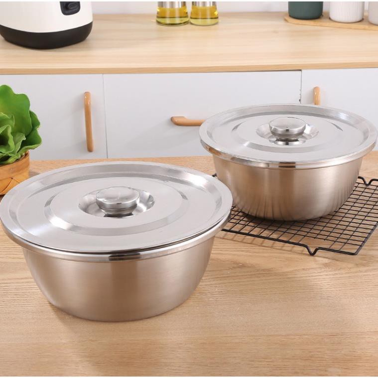 DK Thau Inox [LOẠI DÀY] Đánh Trứng, Thau Trộn Salad, Trộn Bột Đa Năng Kèm Nắp Đậy Tiện Lợi, Dùng Làm Nồi Canh