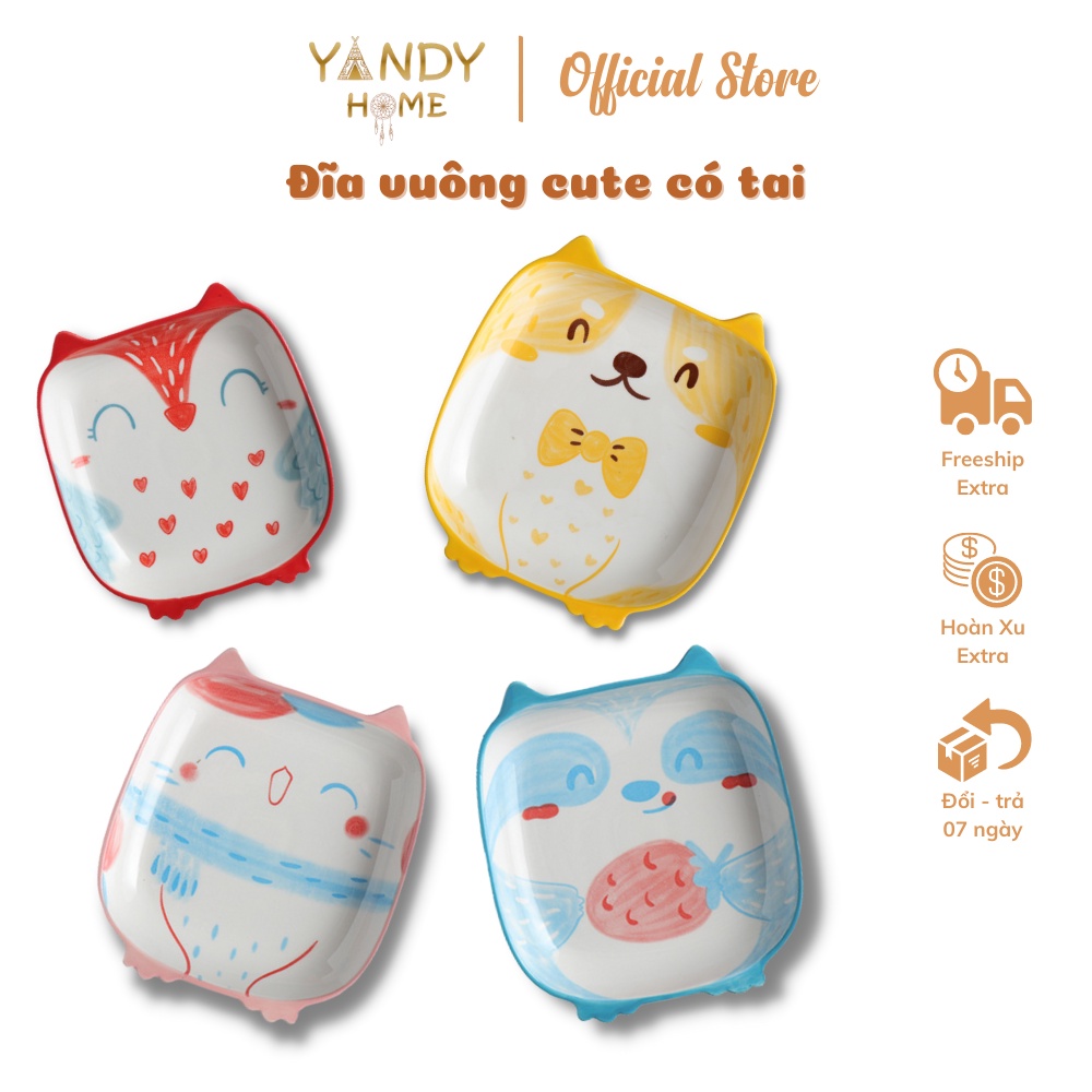 Đĩa sứ vuông cute YANDY HOME D06 hình cún mèo cú ngộ nghĩnh dễ thương