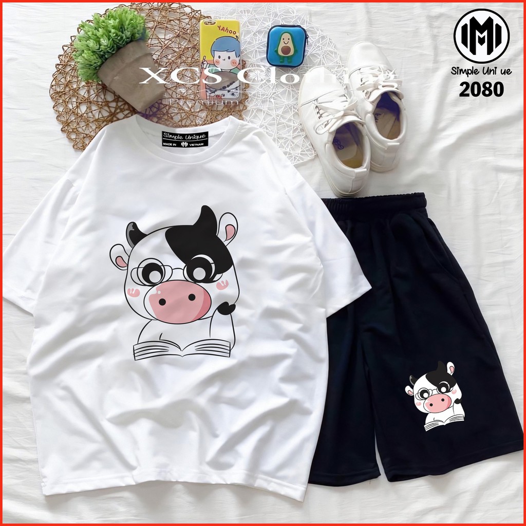 Đồ Bộ Hoạt Hình Unisex BÒ SỮA Aossi , Set Cartoon,  Thun Cotton , Quần short Unisex Nam Nữ Đều Mặc Được