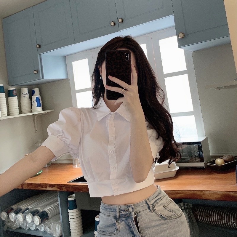 Áo sơ mi croptop tay bồng ulzzang - Áo thô croptop trắng tay phồng phong cách Hàn Quốc thời trang cho nữ