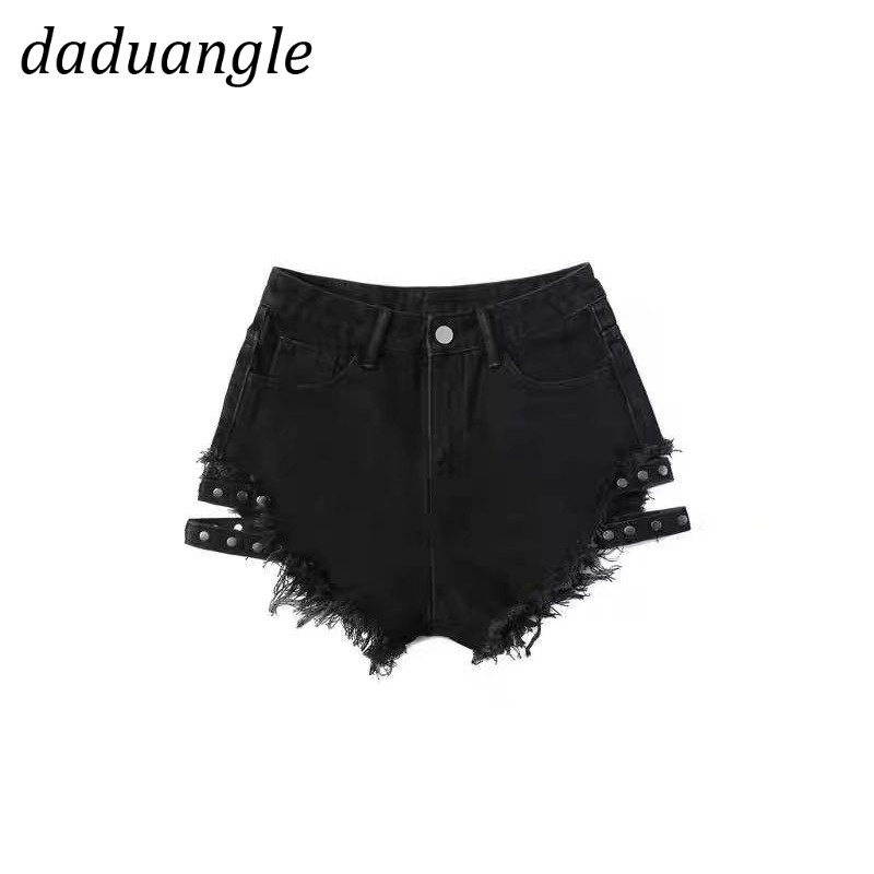 Quần đùi denim DADUHEY mỏng lưng cao ống rộng khoét lỗ thời trang thường ngày 2022 mới dành cho nữ