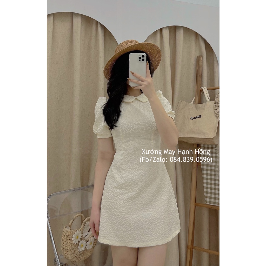 Váy gấm cổ sen ngắn tay, đầm thiết kế nữ phong cách Hàn Quốc